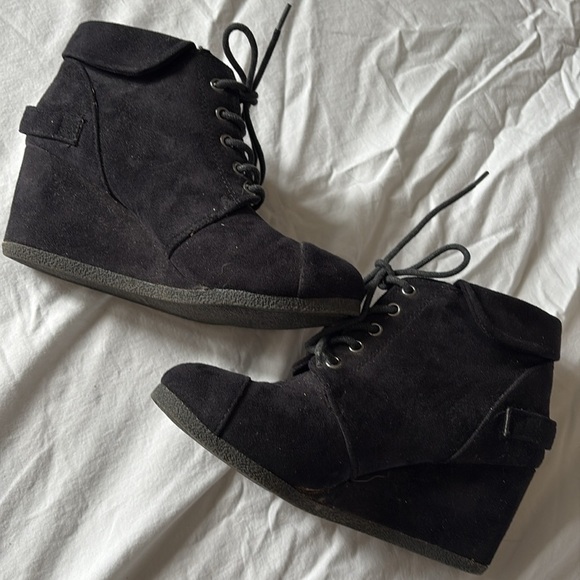 Call It Spring Black Suede Wedge Booties | Ankle Lace-Up Buckle Detail Size 6 - Picture 2 of 7